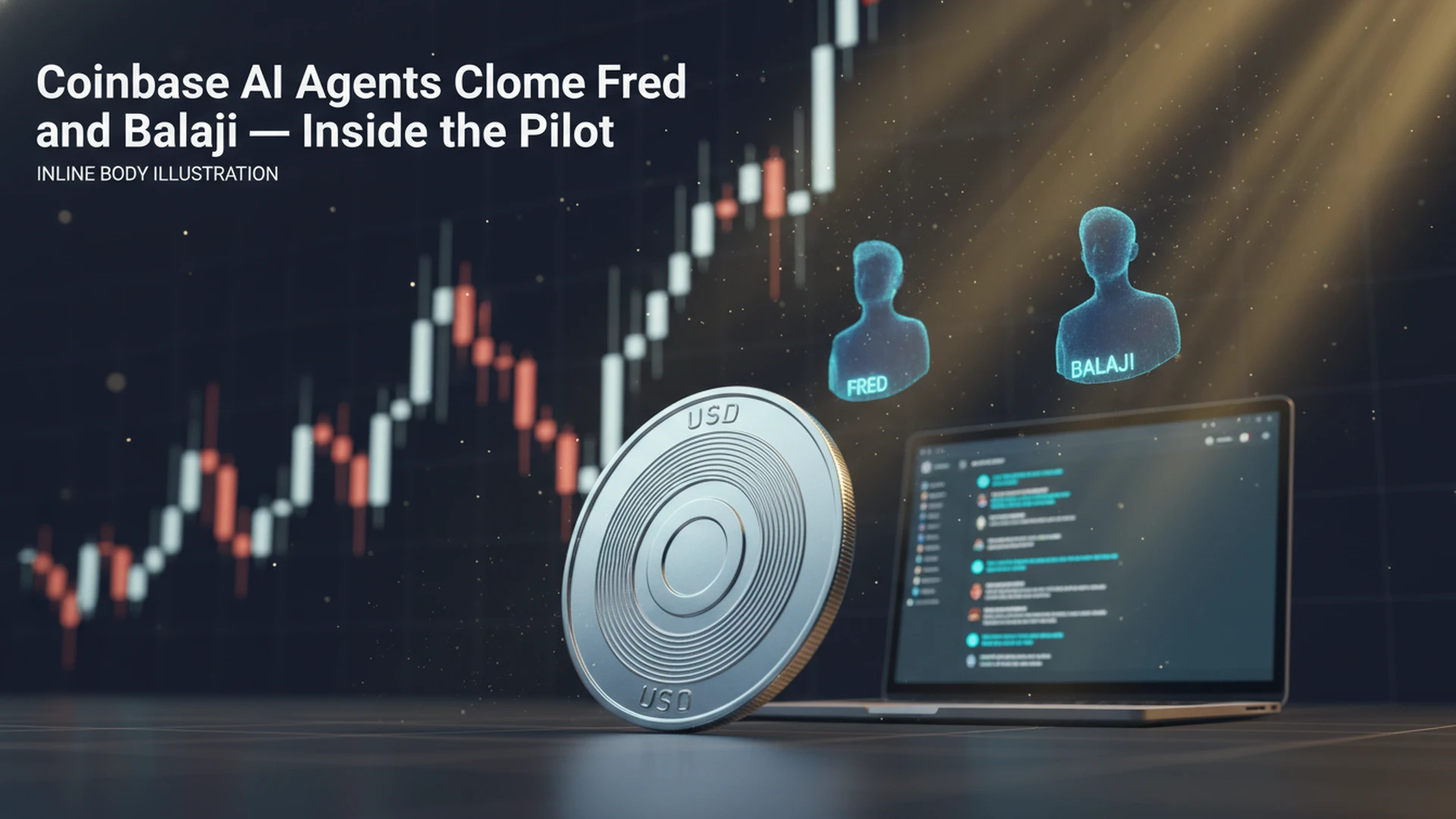 Holographic Coinbase AI agents modeled on Fred Ehrsam and Balaji appearing in a Slack chat window